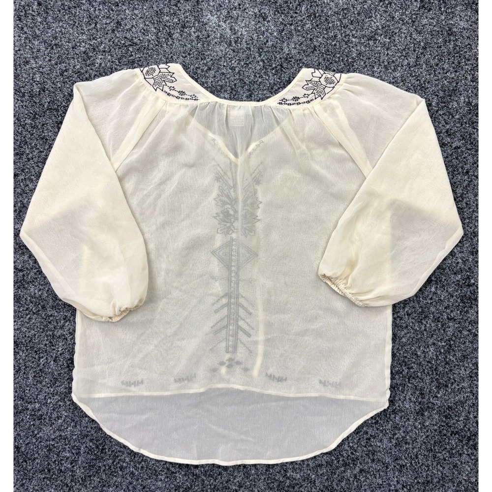 Rebellion Ivory Embroidered Peasant Blouse Sheer Boho Tie Neck Top Medium Size M